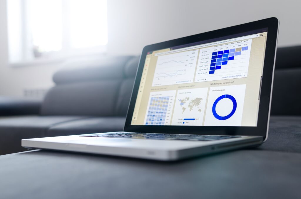 Stock photo of a laptop screen showing generic analytics charts; not a real Search Console report or client data
